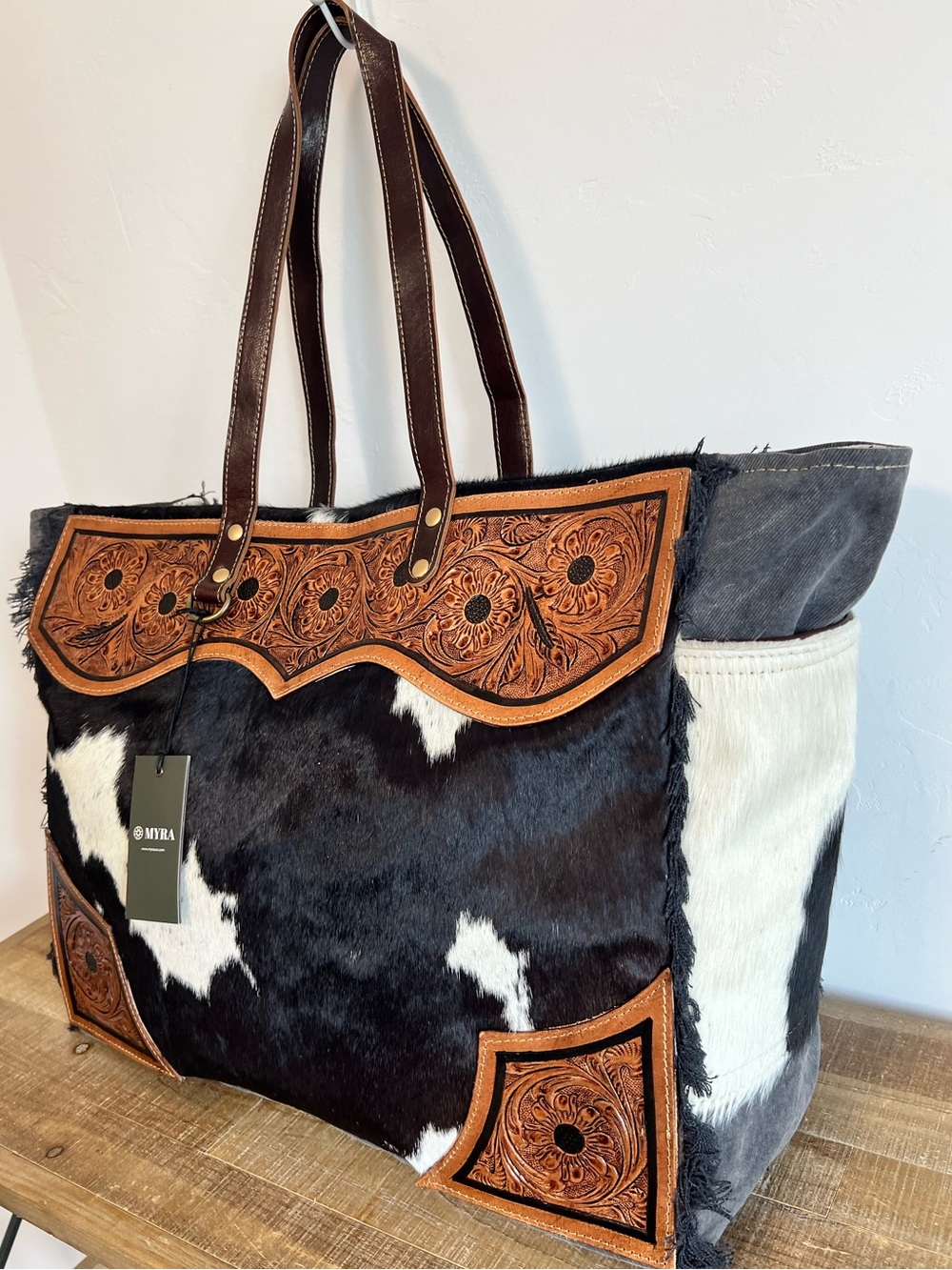 Myra Bag Cowhide Weekender Tooled Leather XL Boho Travel Duffel Western Carry On - Picture 4 of 12